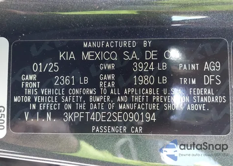 2025 Kia K4 Lxs из США, поврежденный, VIN 3KPFT4DE2SE090194